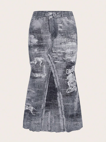 ICON Denim-Effect Print Lettuce Trim Mermaid Hem Skirt