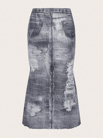 ICON Denim-Effect Print Lettuce Trim Mermaid Hem Skirt