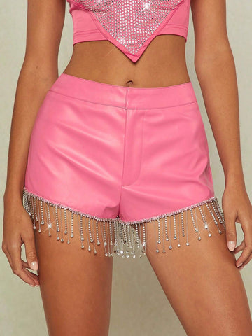 BAE Rhinestone Fringe Hem PU Leather Shorts
