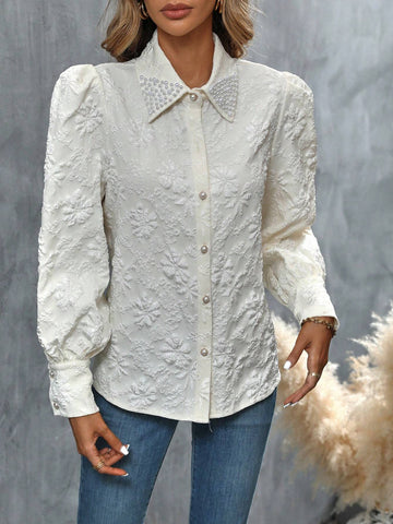 Jacquard Lantern Sleeve Button Front Shirt