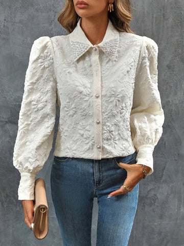 Jacquard Lantern Sleeve Button Front Shirt