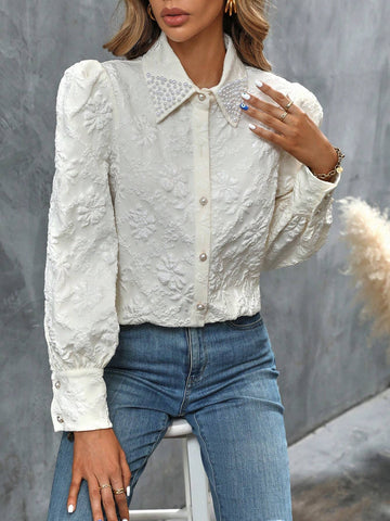 Jacquard Lantern Sleeve Button Front Shirt