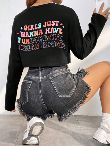 Slogan Graphic Drop Shoulder Crop Tee