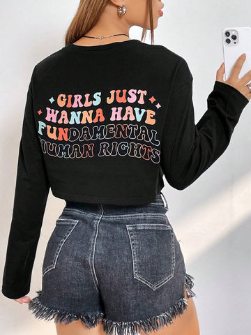 Slogan Graphic Drop Shoulder Crop Tee