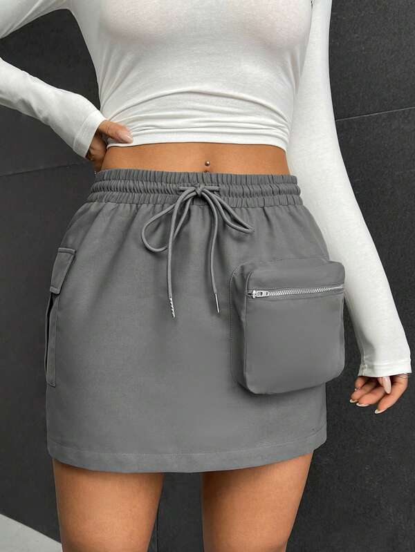 EZwear Drawstring Waist Flap Pocket Side Cargo Skirt