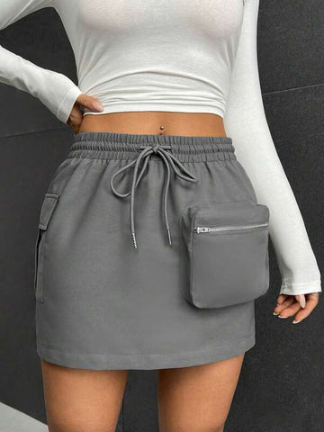 EZwear Drawstring Waist Flap Pocket Side Cargo Skirt