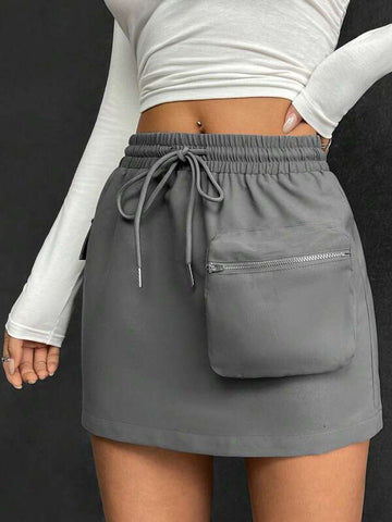 EZwear Drawstring Waist Flap Pocket Side Cargo Skirt