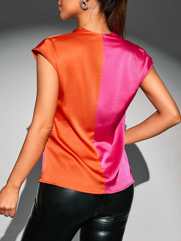 Two Tone Surplice Neck Satin Blouse