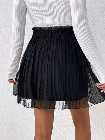 Frenchy Paperbag Waist Mesh Overlay Pleated Skirt Without Belt