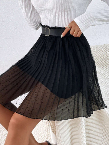 Frenchy Paperbag Waist Mesh Overlay Pleated Skirt Without Belt