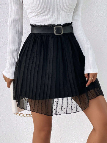 Frenchy Paperbag Waist Mesh Overlay Pleated Skirt Without Belt