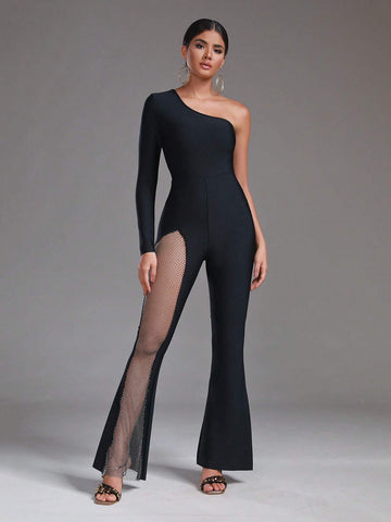 One Shoulder Contrast Mesh Flare Leg Jumpsuit