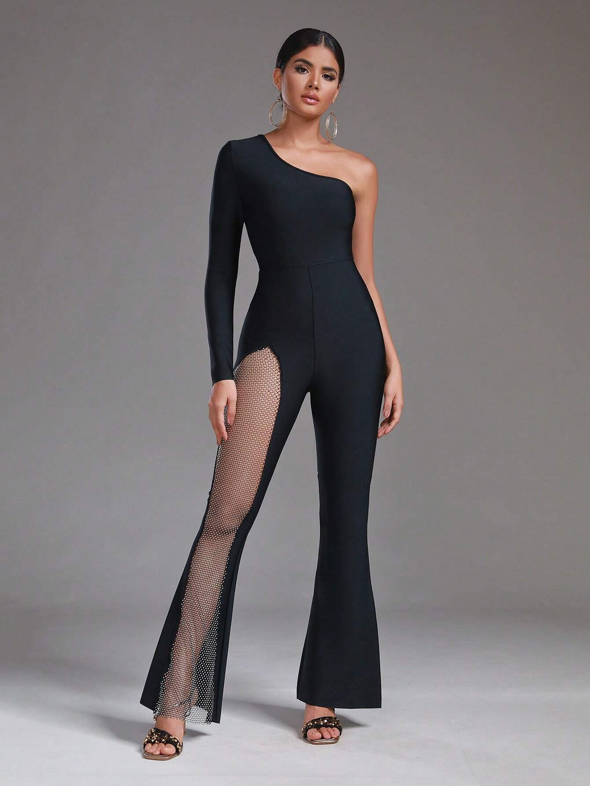 One Shoulder Contrast Mesh Flare Leg Jumpsuit
