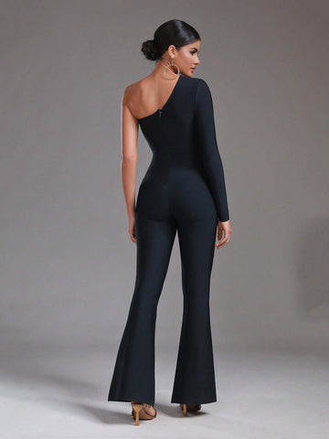 One Shoulder Contrast Mesh Flare Leg Jumpsuit