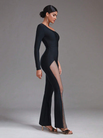 One Shoulder Contrast Mesh Flare Leg Jumpsuit