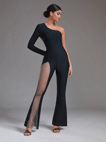 One Shoulder Contrast Mesh Flare Leg Jumpsuit