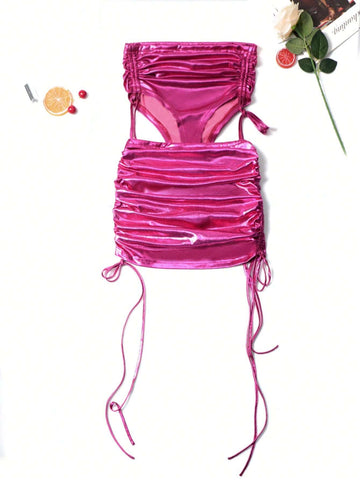 Drawstring Side Crop Tube Top & Ruched Skirt