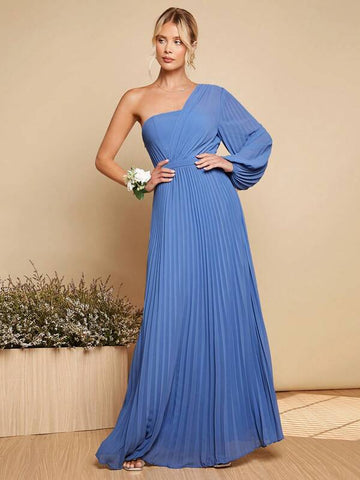 Belle 1pc One Shoulder Lantern Sleeve Pleated Hem Dress