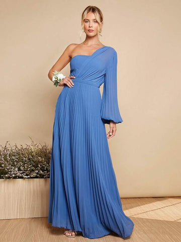 Belle 1pc One Shoulder Lantern Sleeve Pleated Hem Dress