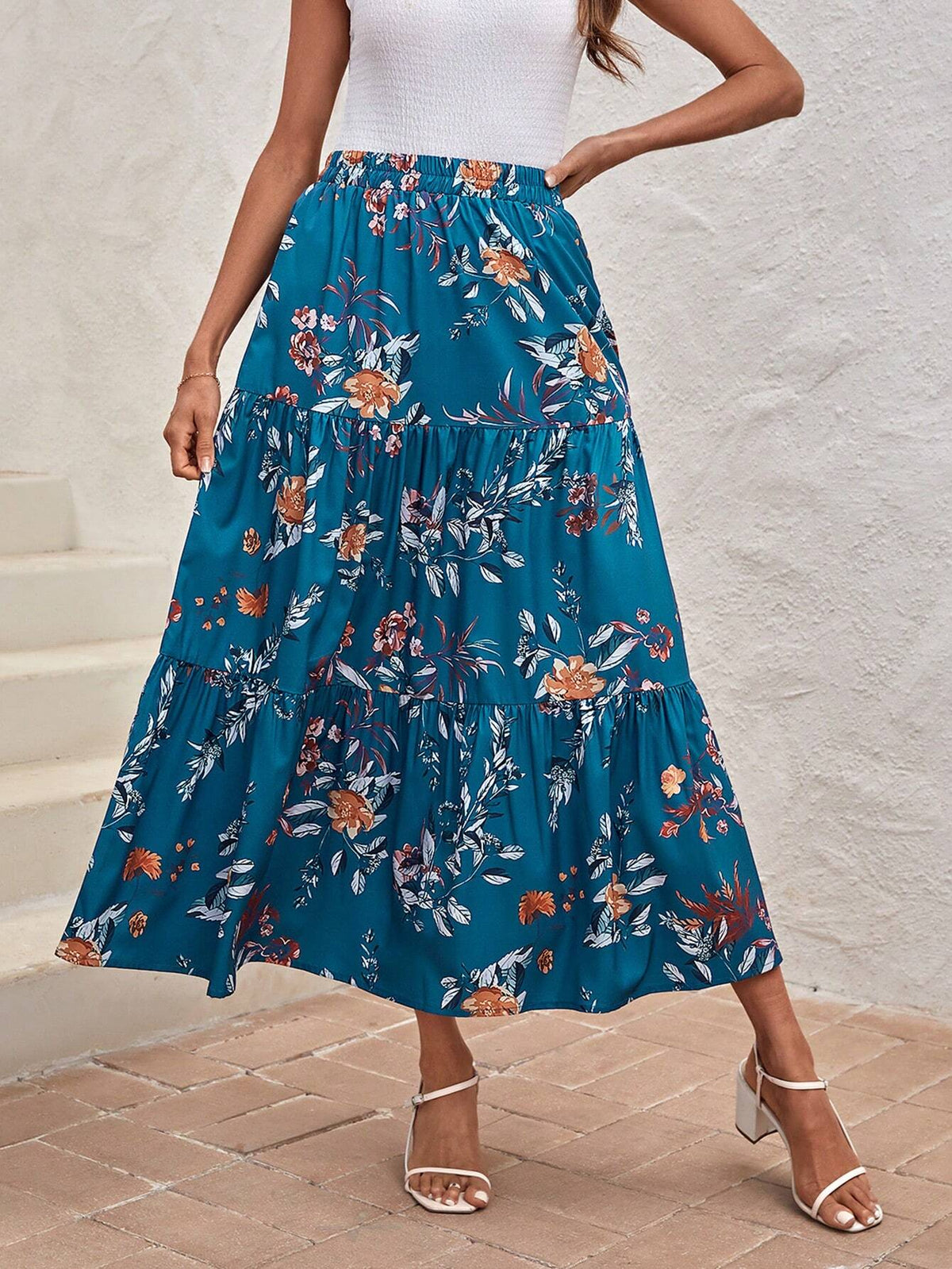 Floral Print Ruffle Hem Skirt