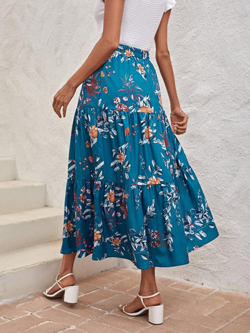Floral Print Ruffle Hem Skirt