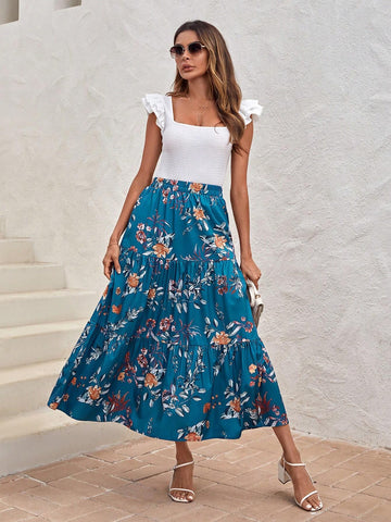 Floral Print Ruffle Hem Skirt