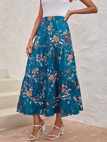 Floral Print Ruffle Hem Skirt