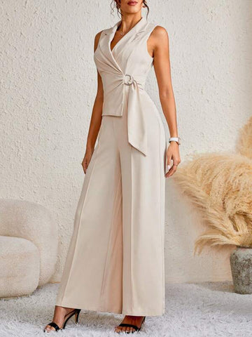 Lapel Neck Buckle Detail Wide Leg Jumpsuit