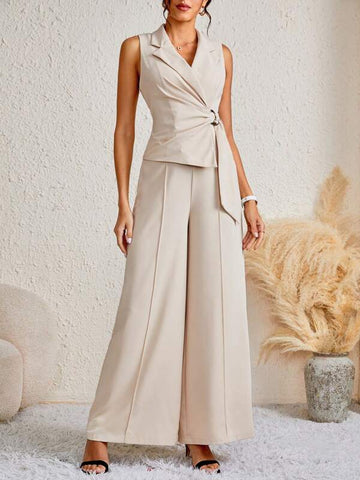 Lapel Neck Buckle Detail Wide Leg Jumpsuit