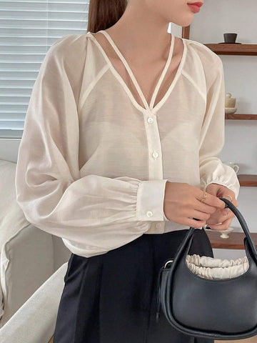 Solid Button Front Raglan Sleeve Blouse