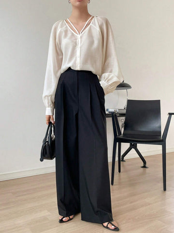 Solid Button Front Raglan Sleeve Blouse