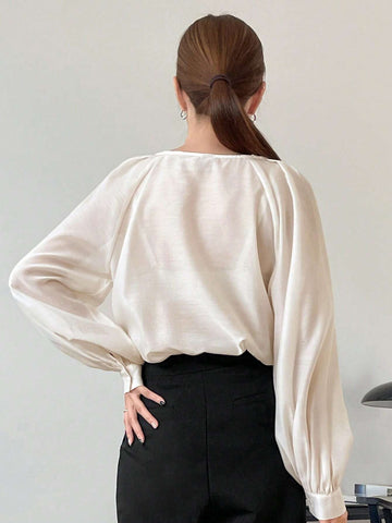 Solid Button Front Raglan Sleeve Blouse