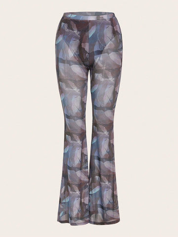 ICON Allover Print Flare Leg Mesh Pants Without Panty