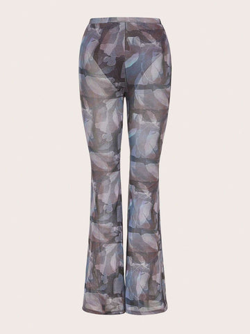 ICON Allover Print Flare Leg Mesh Pants Without Panty
