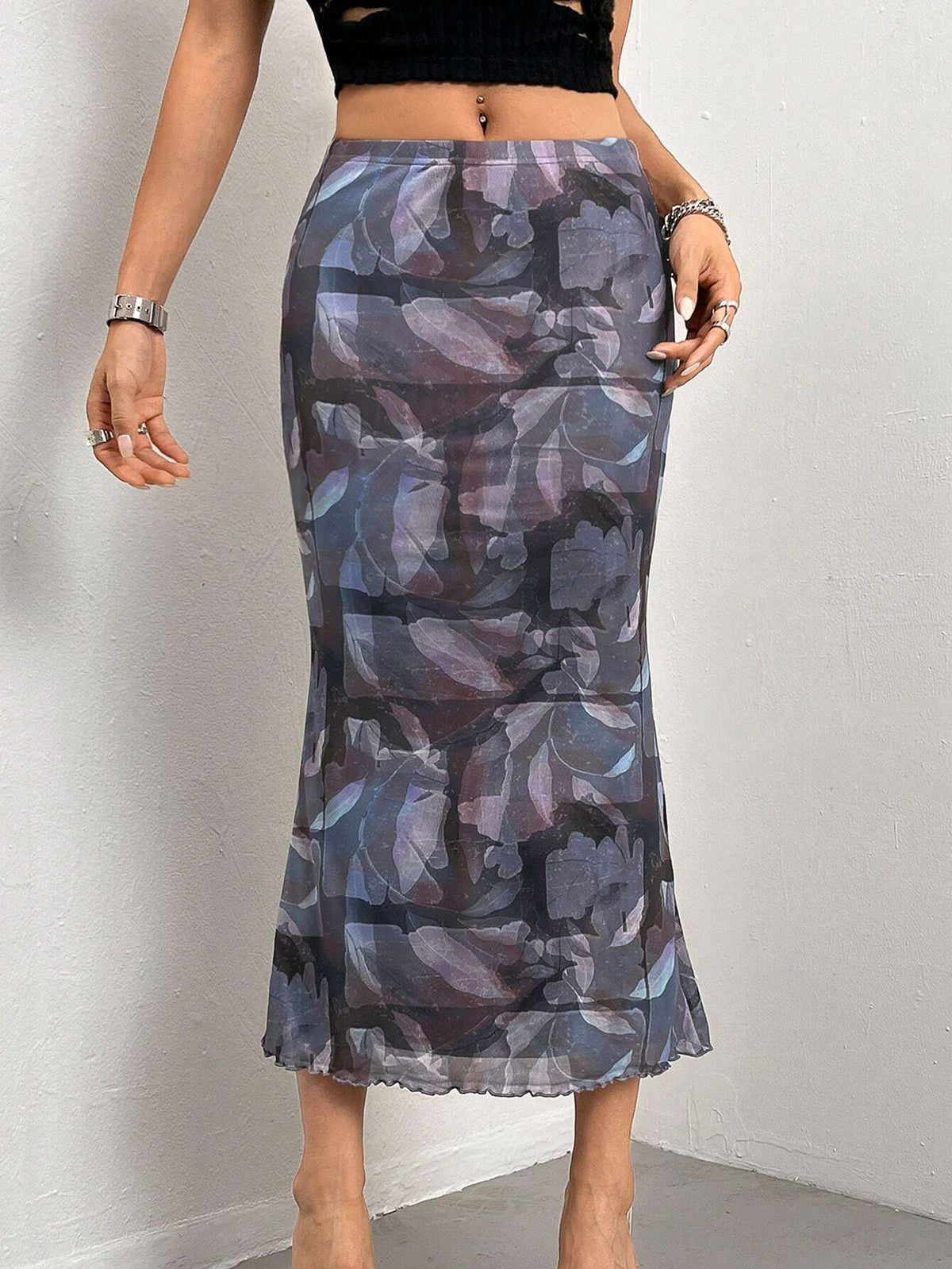 ICON Allover Print Mermaid Hem Mesh Skirt