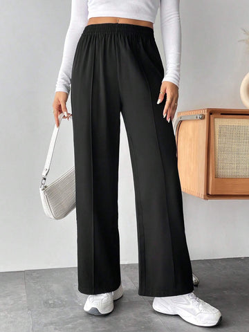PETITE Solid Elastic Waist Wide Leg Pants