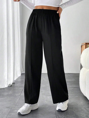 PETITE Solid Elastic Waist Wide Leg Pants