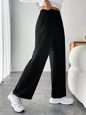 PETITE Solid Elastic Waist Wide Leg Pants