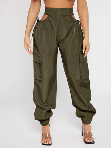 SXY Cut Out Waist Flap Pocket Cargo Pants