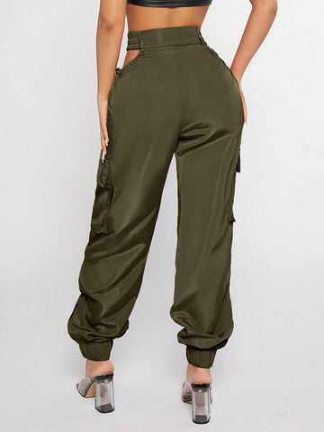 SXY Cut Out Waist Flap Pocket Cargo Pants