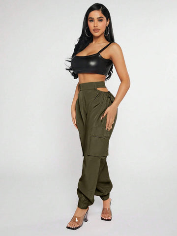 SXY Cut Out Waist Flap Pocket Cargo Pants