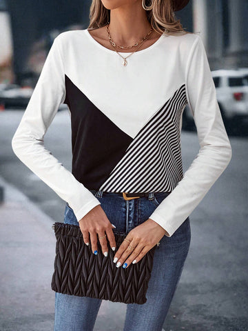 Striped Print Colorblock Tee
