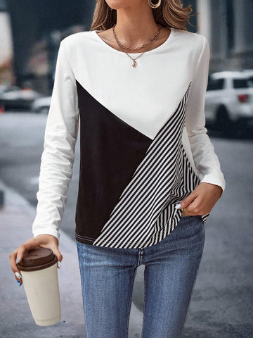 Striped Print Colorblock Tee