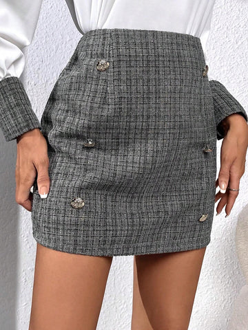 High Waist Button Detail Tweed Skirt