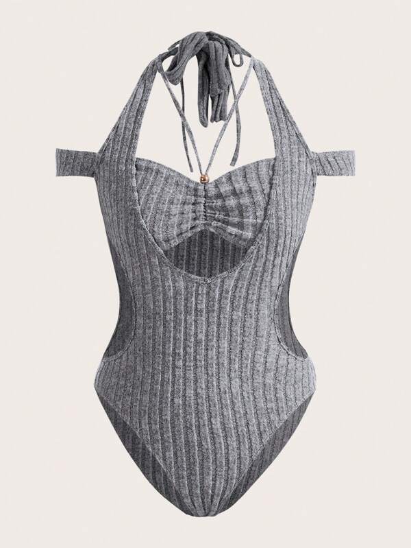Cut Out Halter Neck Backless Bodysuit