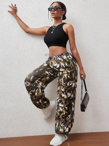 Camo Print Drawstring Waist Pants