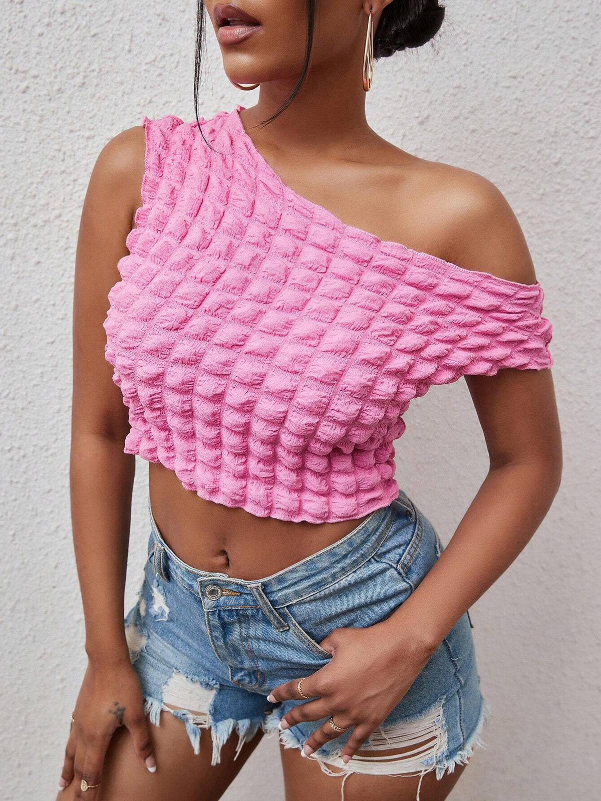 Solid Asymmetrical Neck Crop Tee