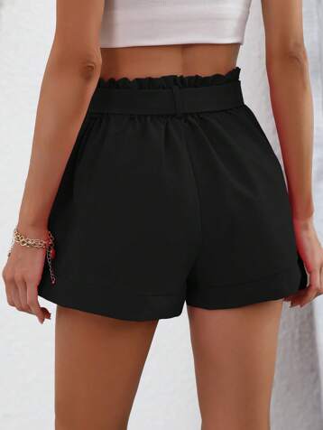 VCAY Solid Belted Wide Leg Shorts