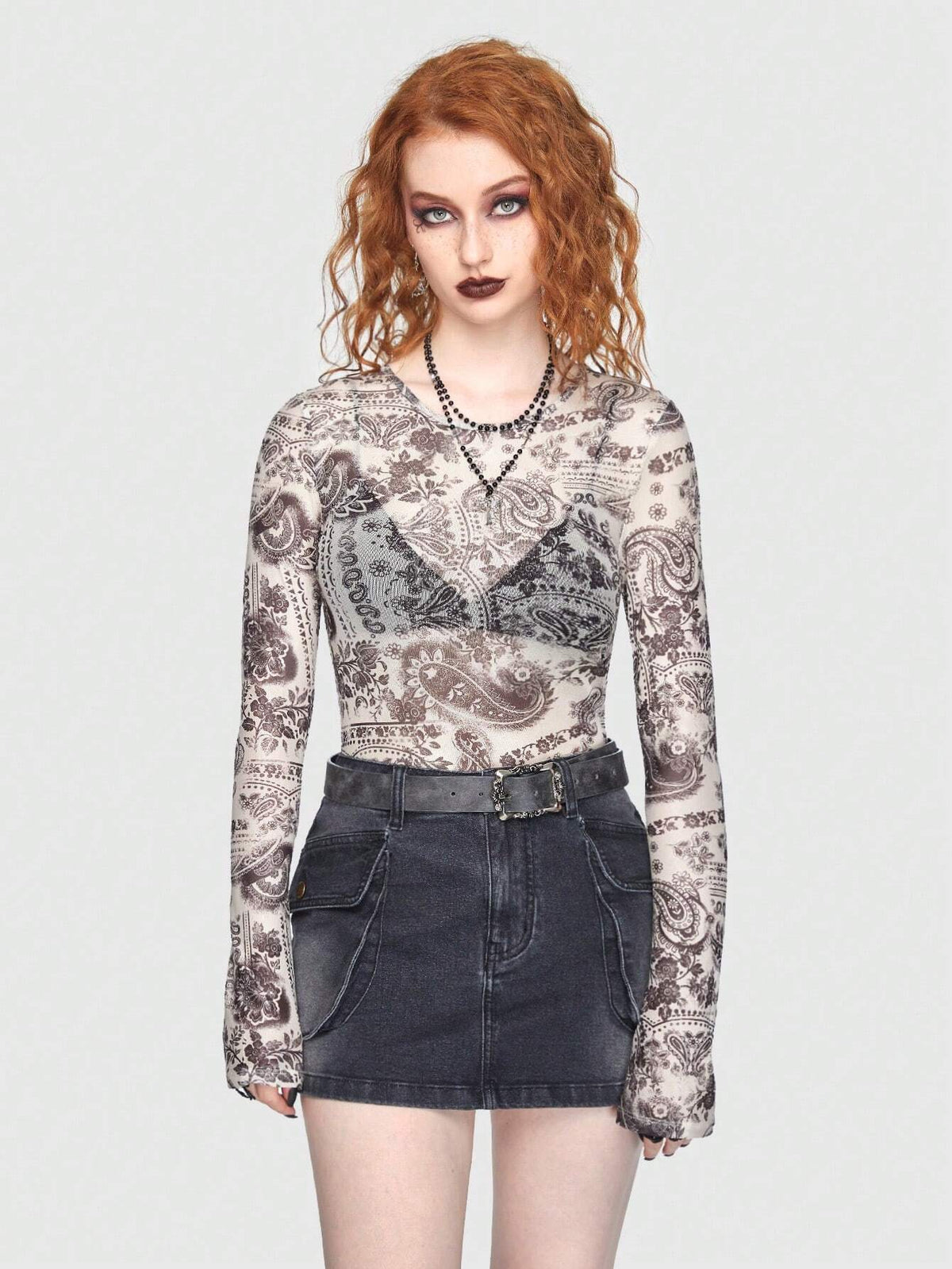 ROMWE PUNK Paisley Print Mesh Bodysuit Without Bra