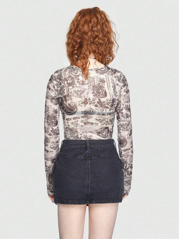ROMWE PUNK Paisley Print Mesh Bodysuit Without Bra